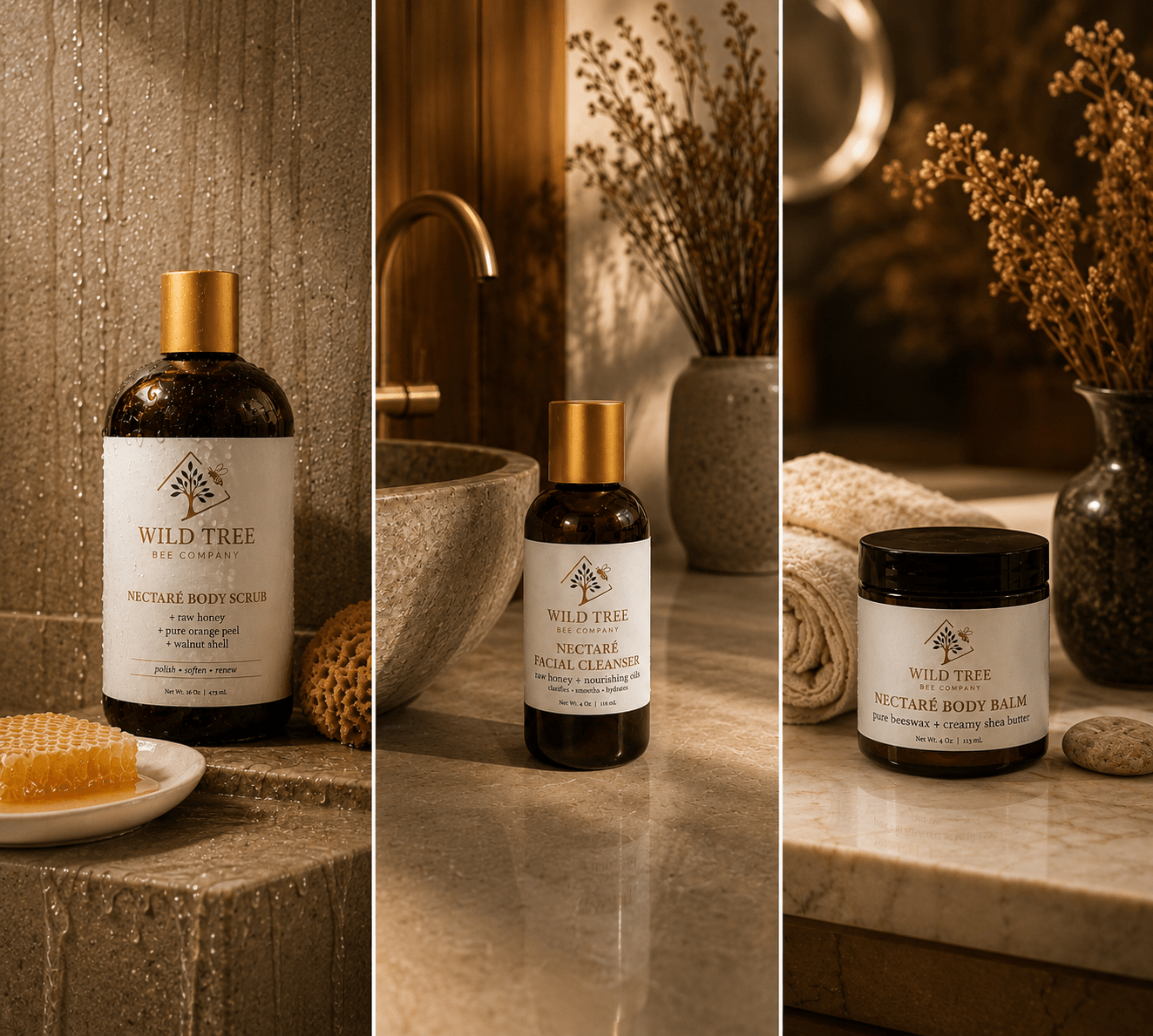 Nectaré Trio - Raw Honey Skincare Collection - Scrub, Cleanser, Balm - Wild Tree Bee Company